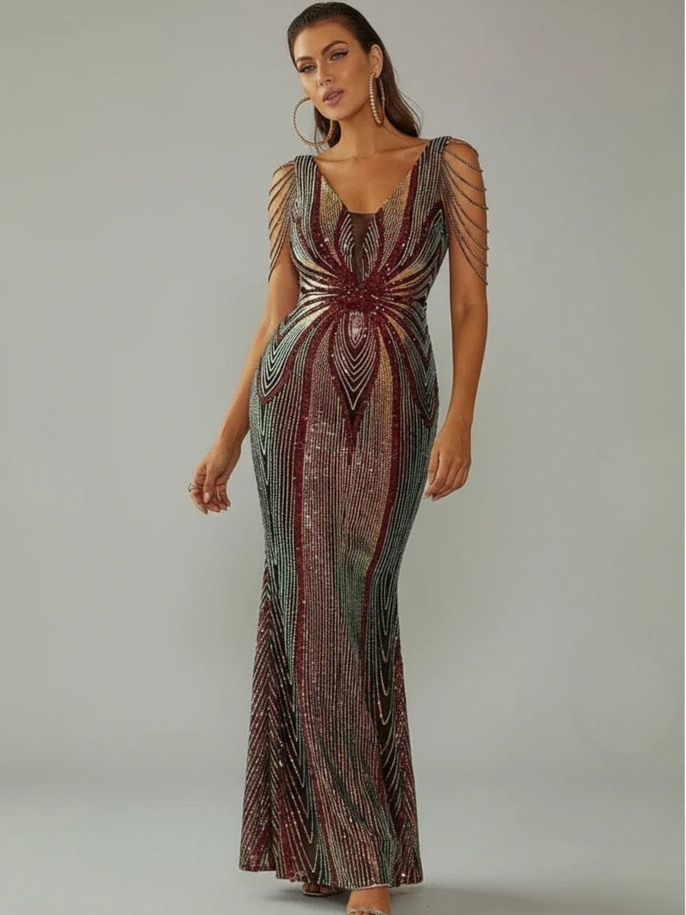 Sequin Beaded Evening Gown - Multicolor - Picture 7 of 16